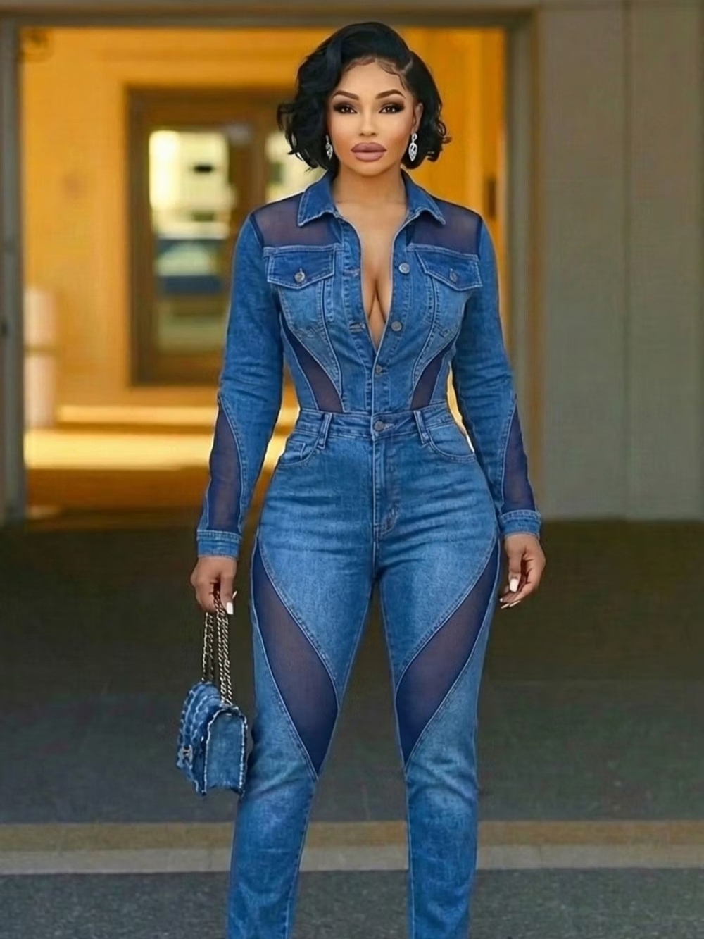 Denim Jumpsuit with Sheer Insets - Blue